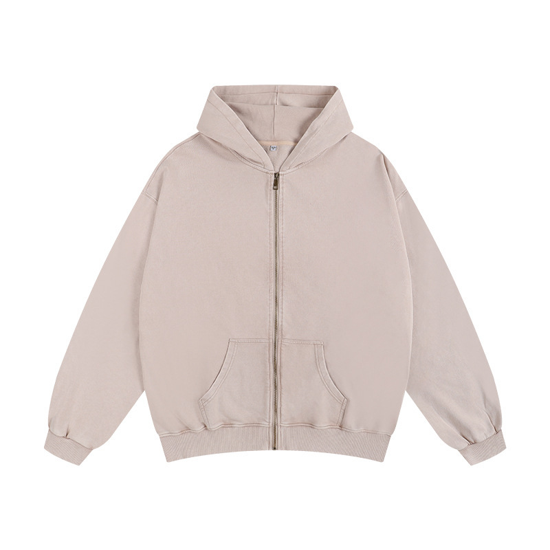 350G Vintage Washed Zip-Up Oversized Hoodie Loose Fit Drop Shoulder Wax Dyed Sweatshirt for Men