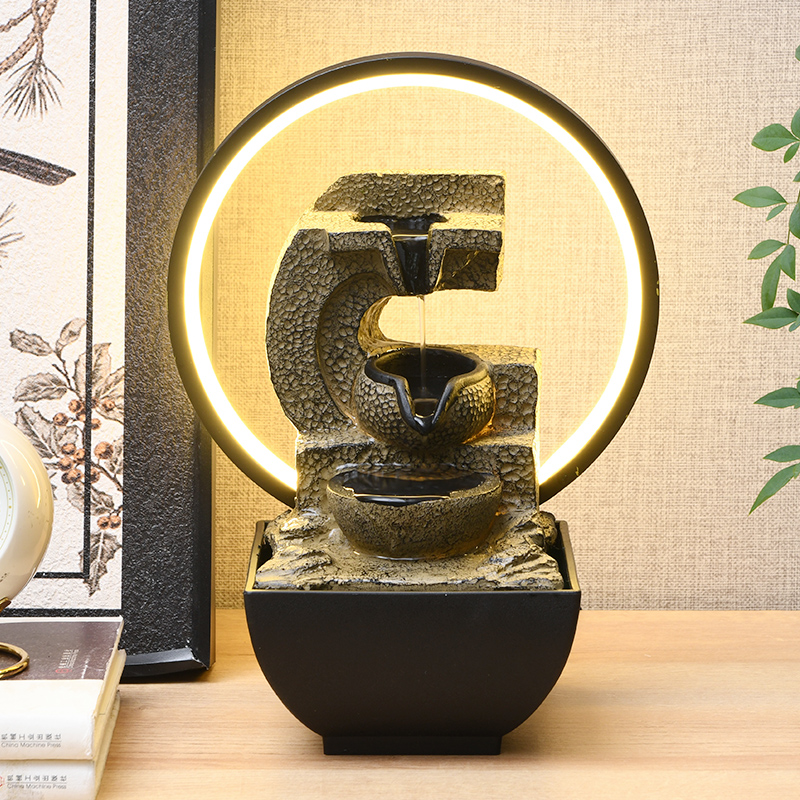 Zen Indoor LED Ring Light Resin Natural Tabletop Water Fountain for Office Home&bedroom