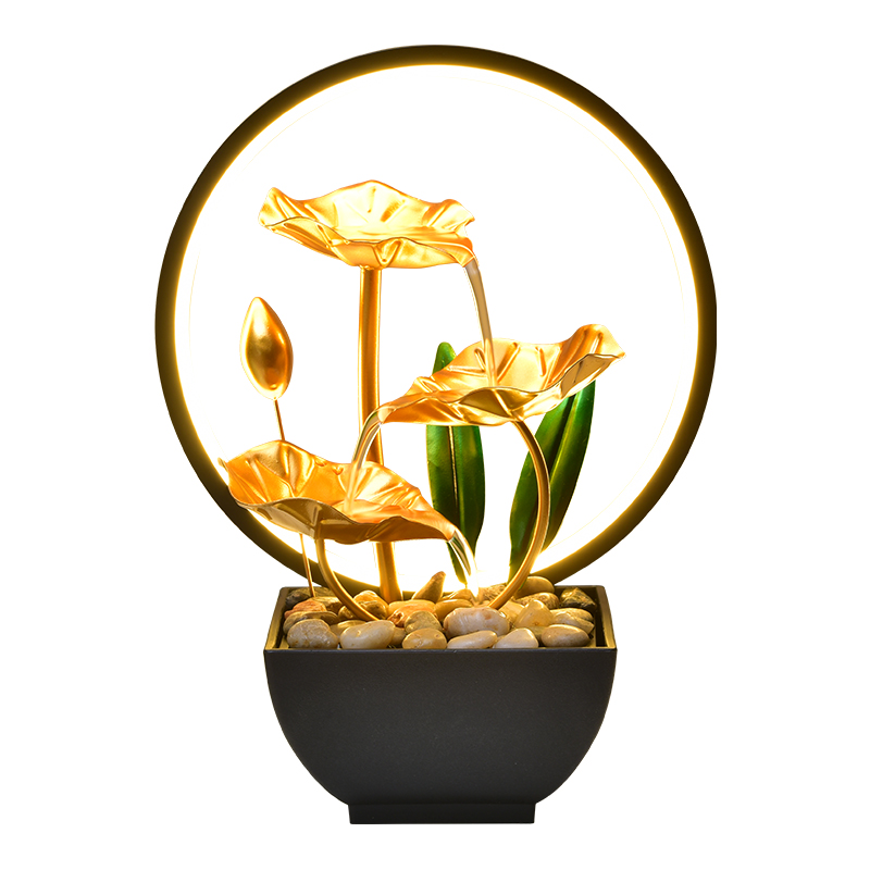 Tabletop Metal Indoor Decoration LED Ring Light Three Layers Lotus Water Fountain for Office Home&bedroom