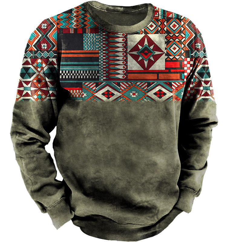 Long Sleeve Street Wear Oversize Aztec Traditional Pattern T-shirt