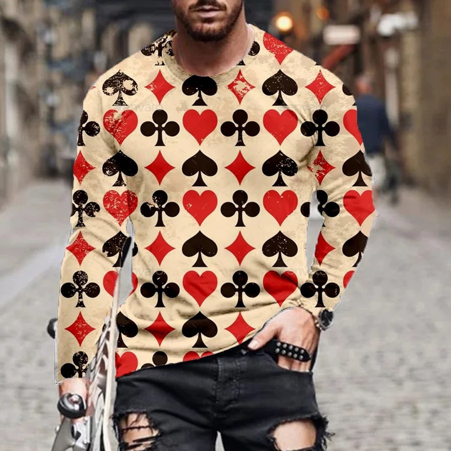 3D Printed Funny Poker Style Custom Men Long Sleeve Quick Drying Outdoor Clothes Tee Shirt Streetwear