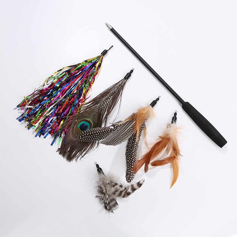 Interactive Cat Toys Wand Retractable Cat Feather Toy Set Cat Feather Teaser Wand Stick Toy