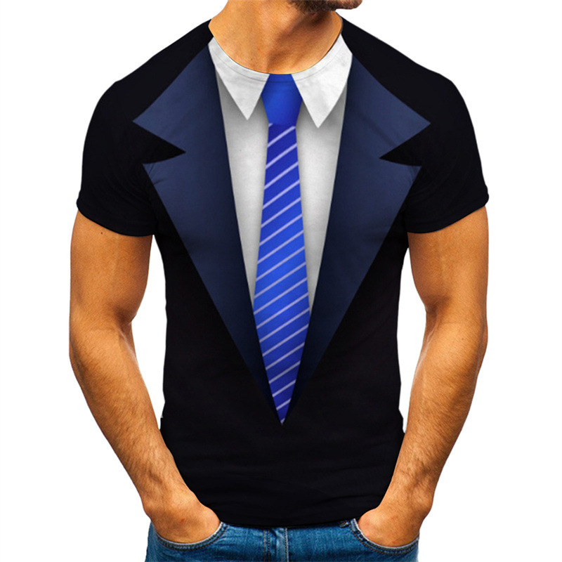 3d Printed Fake Suit Tie Tuxedo Mens Short Sleeve Casual Tops T-Shirt