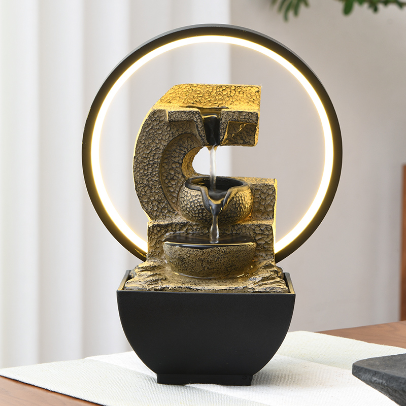 Zen Indoor LED Ring Light Resin Natural Tabletop Water Fountain for Office Home&bedroom