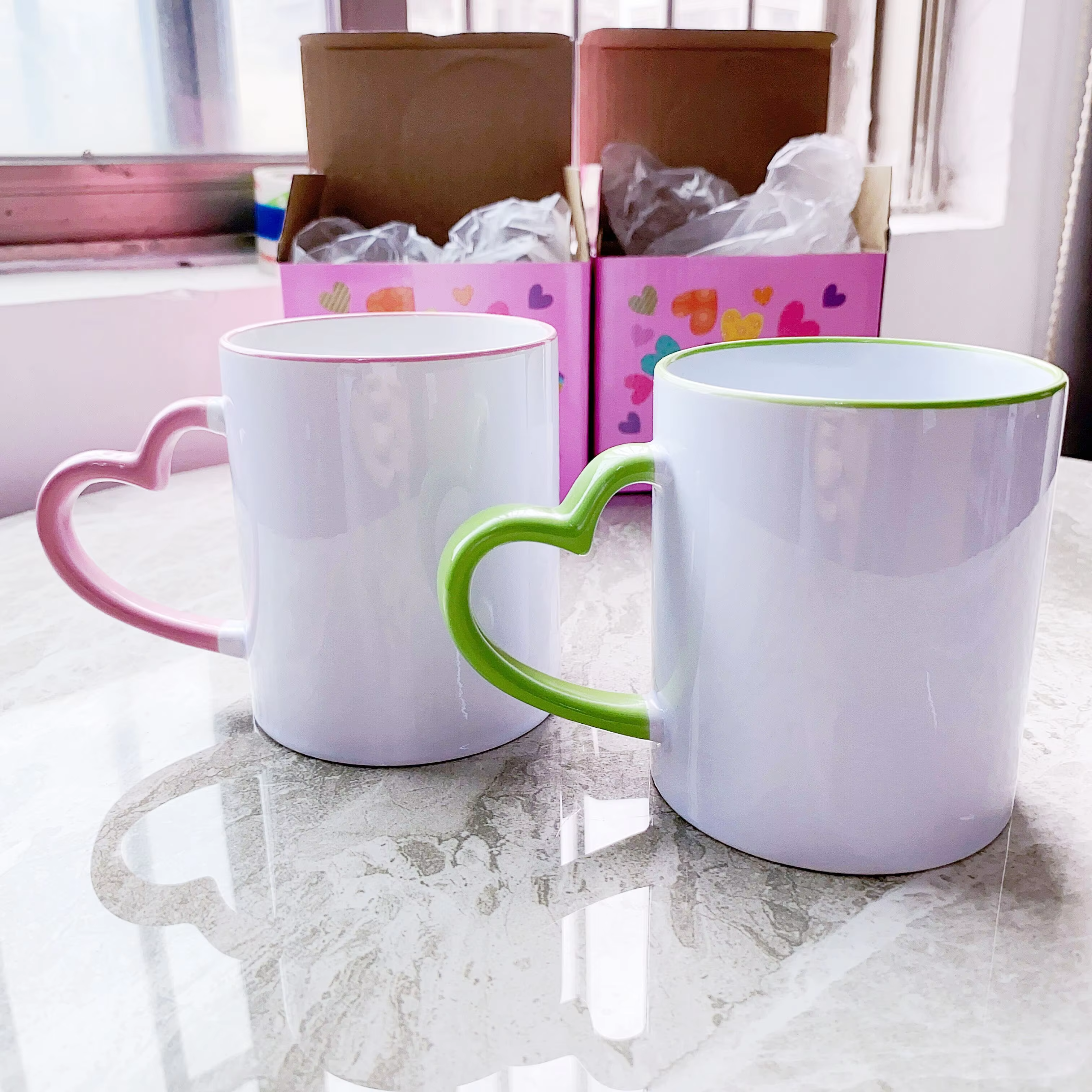 Couple Heart Handle Promotional Gifts Custom Ceramic Cups for Juice Milk Coffee