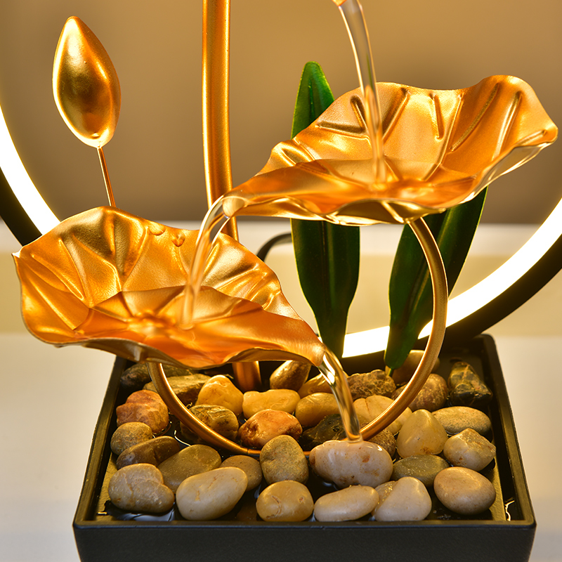 Tabletop Metal Indoor Decoration LED Ring Light Three Layers Lotus Water Fountain for Office Home&bedroom