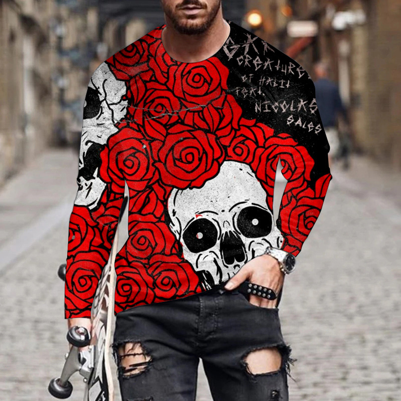 Sublimation Printed Sweatshirt for Men Skulls and Roses Outdoor Custom Hot Selling Street Fashion Wear Sweatshirt