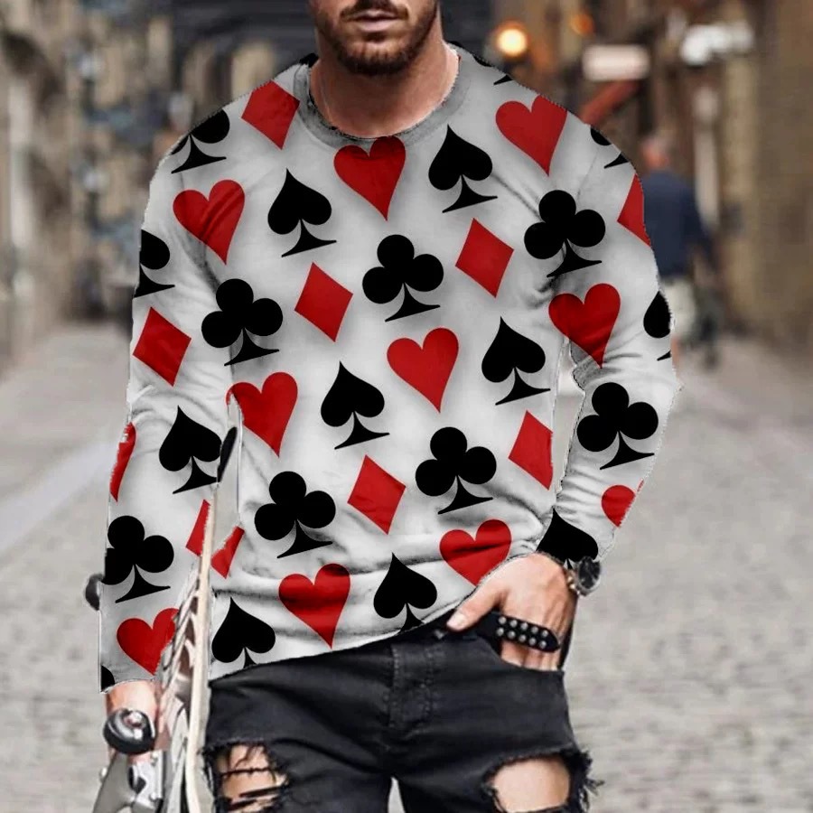 3D Printed Funny Poker Style Custom Men Long Sleeve Quick Drying Outdoor Clothes Tee Shirt Streetwear