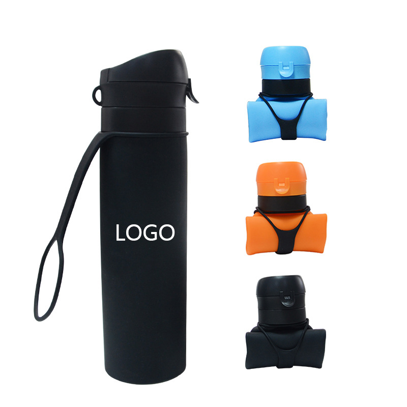Foldable Cycling Gym Promotion Items Custom Silicone Insulation Water Bottle with Straw Hanger