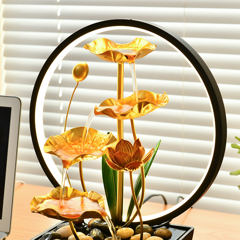USB Chinese Style Metal Decorative Indoor Water Fountain Humidifier with LED Ring Light Natural Rocks for Office&home