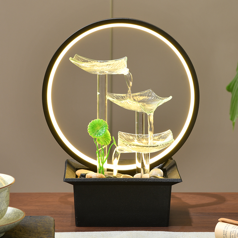 Desktop Decoration Fengshui Natural Tabletop Lotus Waterfall Glass Fountain Ornaments for Office Home&bedroom