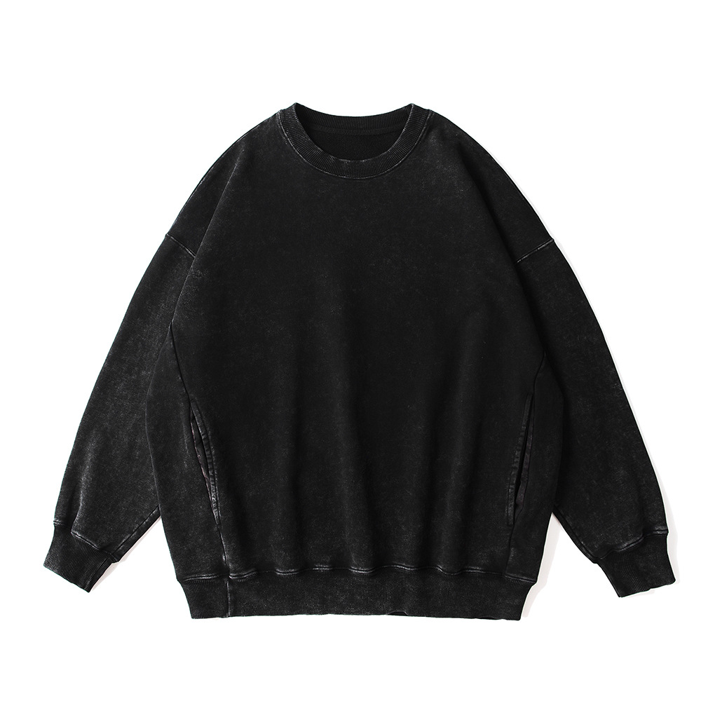 500g Cotton Washed Vintage Side-pocket Crewneck Drop Shoulder Retro Wax-dyed Oversized Sweatshirt