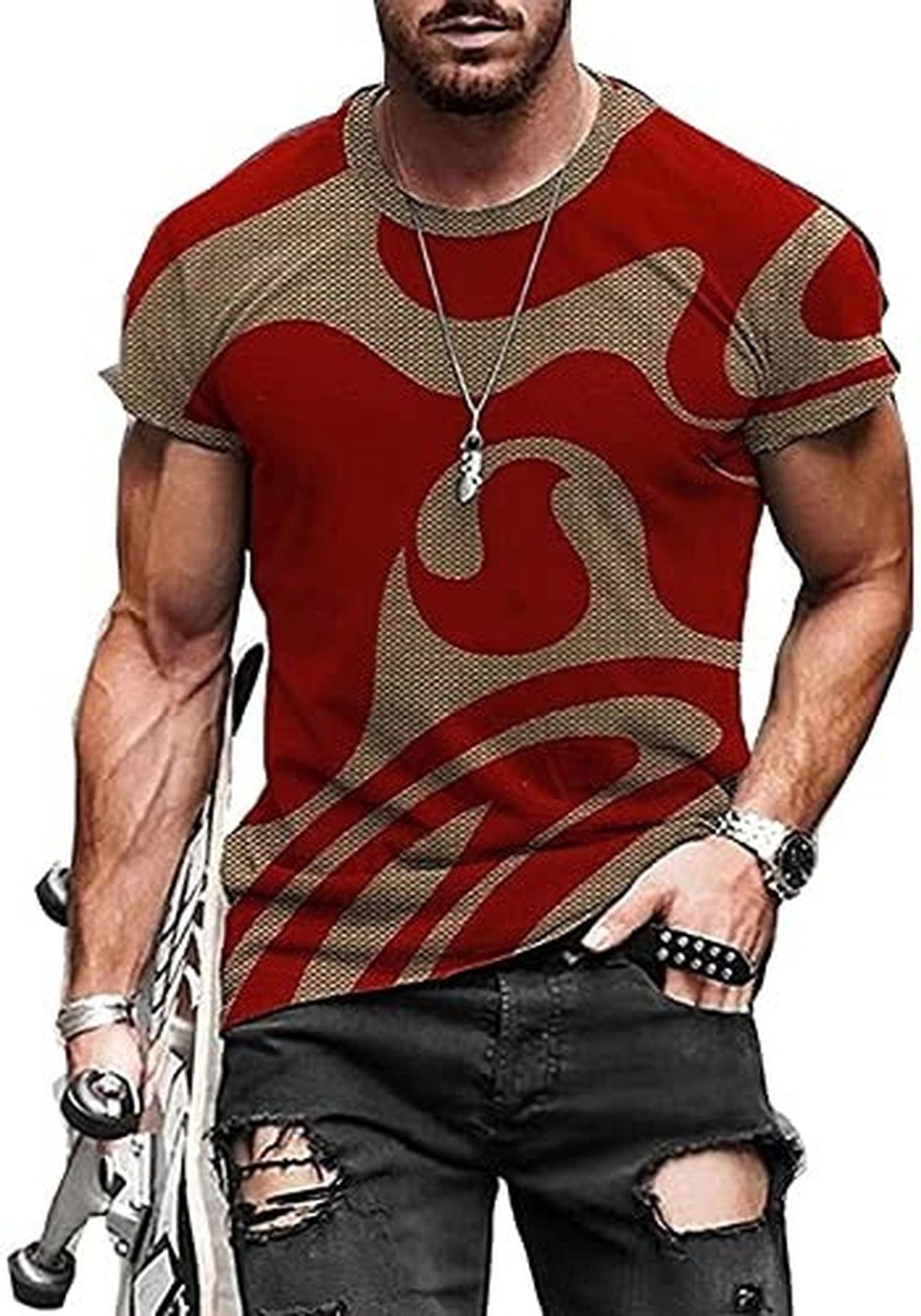 Wholesale Retro Casual Engine Oil Print T Shirt Print on Demand Red Crewneck T Shirt for Men Custom Short Sleeve Men T Shirt