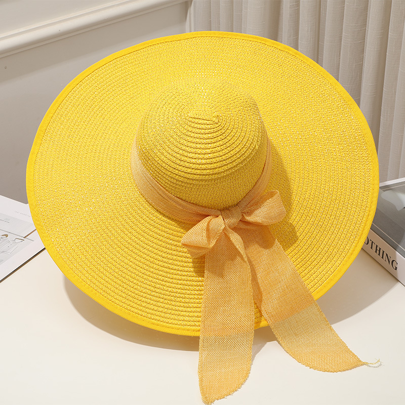 Spring Summer Travel Lady Foldable Promotional Custom Wide Brim Paper Straw Hat with Ribbon