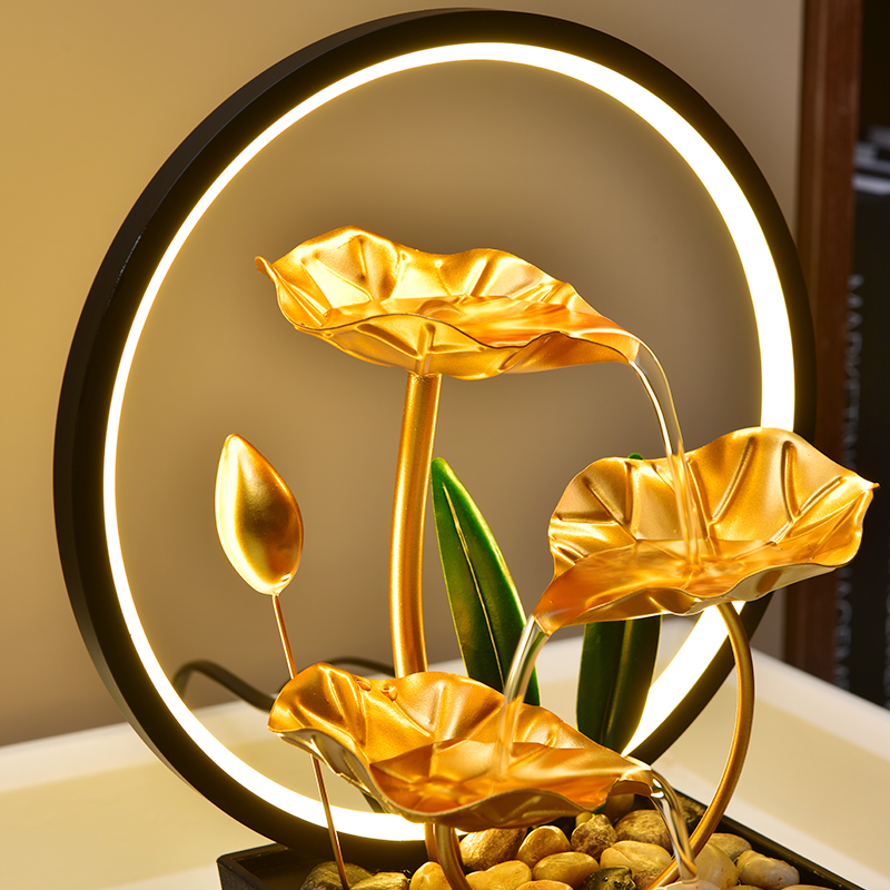 Tabletop Metal Indoor Decoration LED Ring Light Three Layers Lotus Water Fountain for Office Home&bedroom