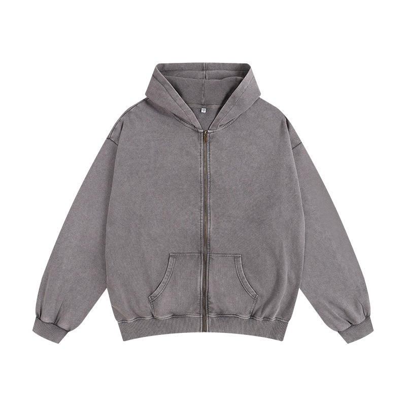 350G Vintage Washed Zip-Up Oversized Hoodie Loose Fit Drop Shoulder Wax Dyed Sweatshirt for Men