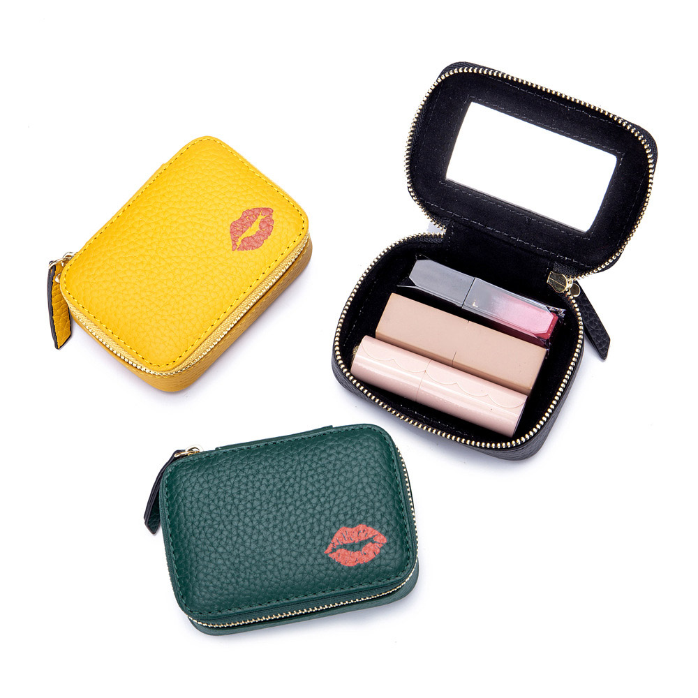 Mini Portable Leather Make up Lipstick Case Cosmetic Bags Lip Gloss Holder Bag With Mirror for Girls