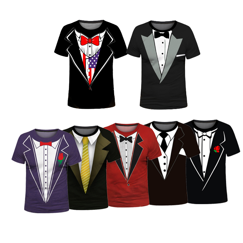 3d Printed Fake Suit Tie Tuxedo Mens Short Sleeve Casual Tops T-Shirt