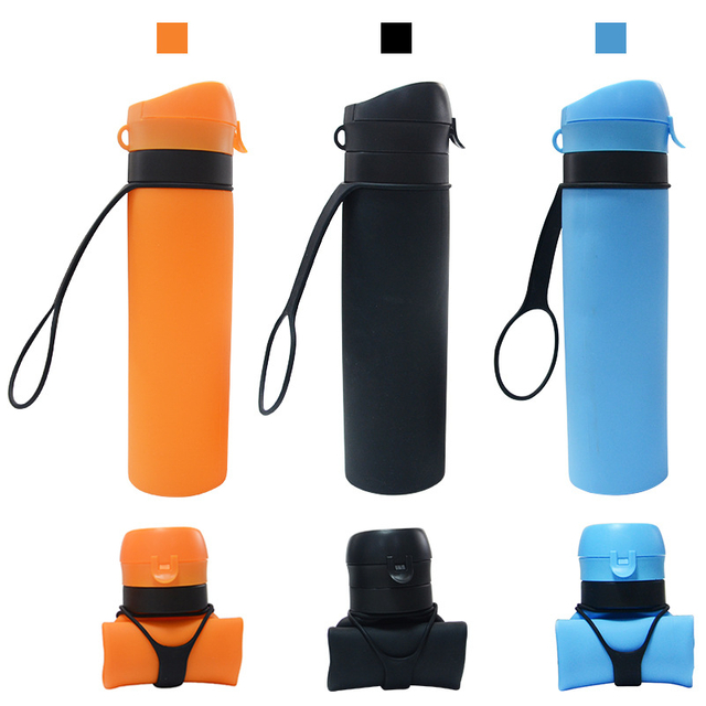 Foldable Cycling Gym Promotion Items Custom Silicone Insulation Water Bottle with Straw Hanger