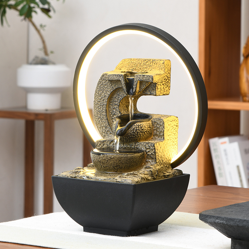 Zen Indoor LED Ring Light Resin Natural Tabletop Water Fountain for Office Home&bedroom