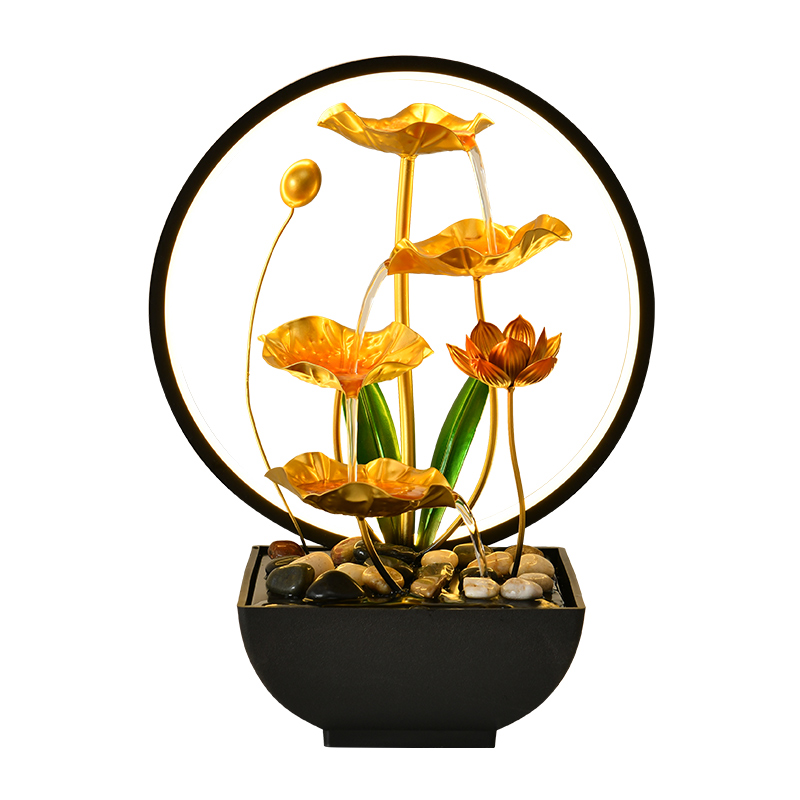 USB Chinese Style Metal Decorative Indoor Water Fountain Humidifier with LED Ring Light Natural Rocks for Office&home