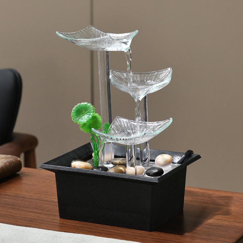 Desktop Decoration Fengshui Natural Tabletop Lotus Waterfall Glass Fountain Ornaments for Office Home&bedroom