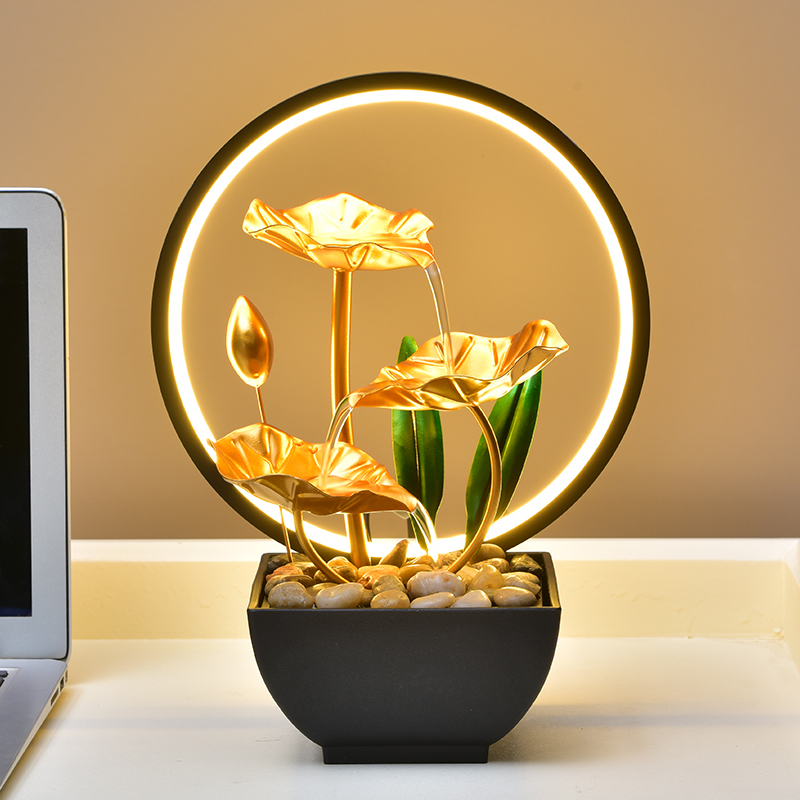 Tabletop Metal Indoor Decoration LED Ring Light Three Layers Lotus Water Fountain for Office Home&bedroom