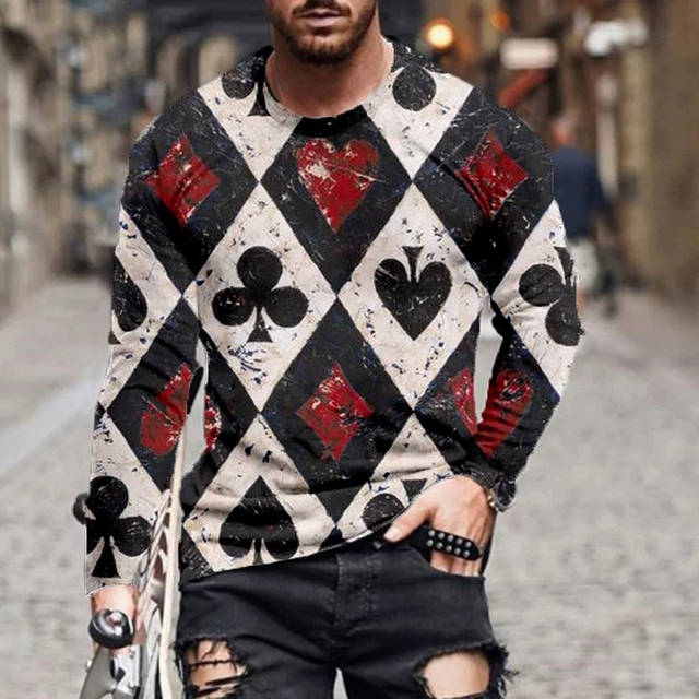 3D Printed Funny Poker Style Custom Men Long Sleeve Quick Drying Outdoor Clothes Tee Shirt Streetwear