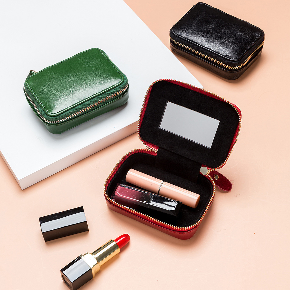 Mini Leather Red Envelope with Mirror Cowhide Makeup Bag Data Cable Earphone Bag Jewelry Box Coin Bag