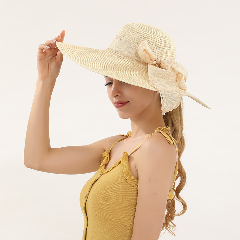 Spring Summer Travel Lady Foldable Promotional Custom Wide Brim Paper Straw Hat with Ribbon