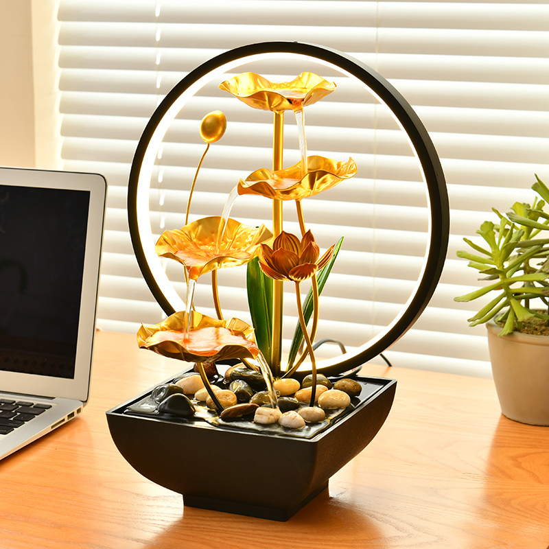 USB Chinese Style Metal Decorative Indoor Water Fountain Humidifier with LED Ring Light Natural Rocks for Office&home