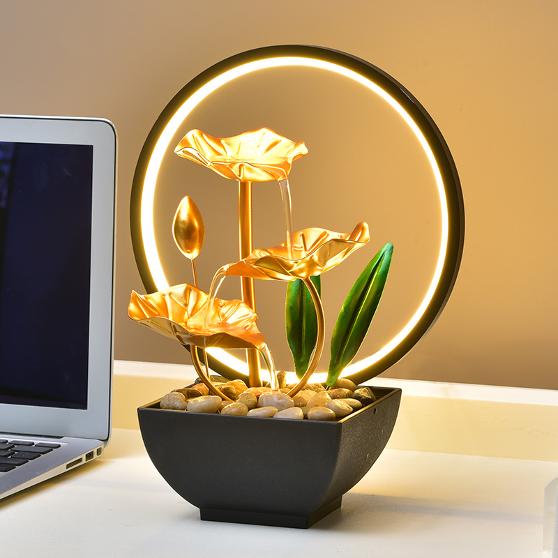 Tabletop Metal Indoor Decoration LED Ring Light Three Layers Lotus Water Fountain for Office Home&bedroom