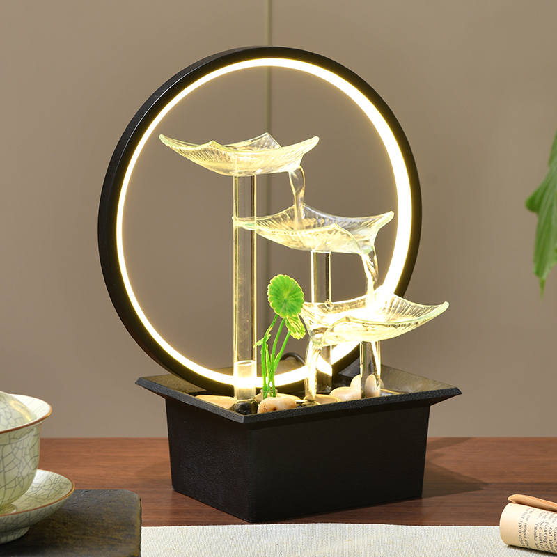 Desktop Decoration Fengshui Natural Tabletop Lotus Waterfall Glass Fountain Ornaments for Office Home&bedroom