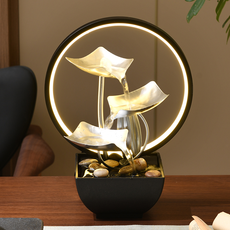 Zen Indoor Metal Fengshui Natural Tabletop Lotus Water Flow Fountain Ornaments for Office Home&bedroom