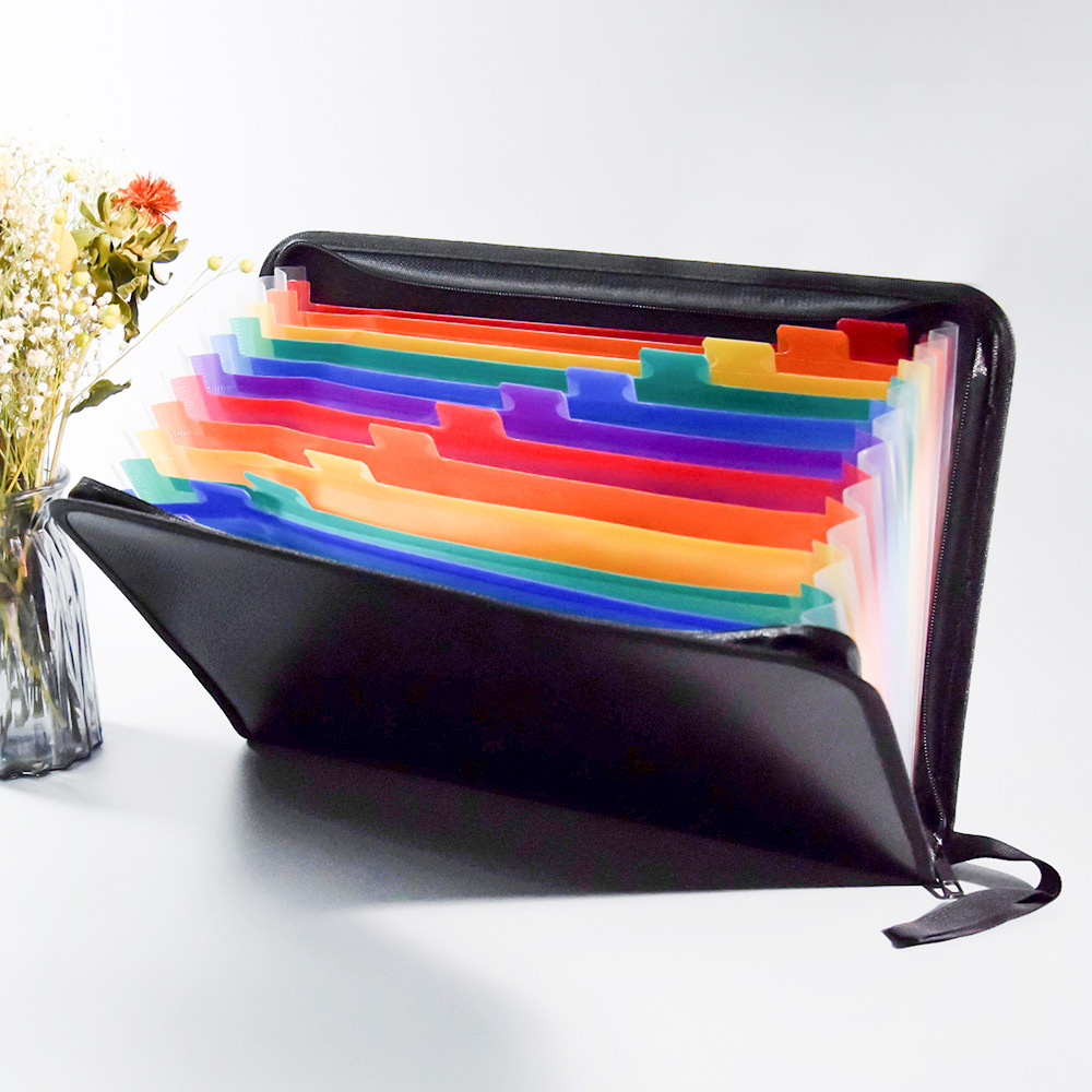 YIHUAXING Rainbow A4 Folders Black Cover Envelope Pocket With Zipper Closure 24 Pockets Expanding Cheque Clip Fire Folder