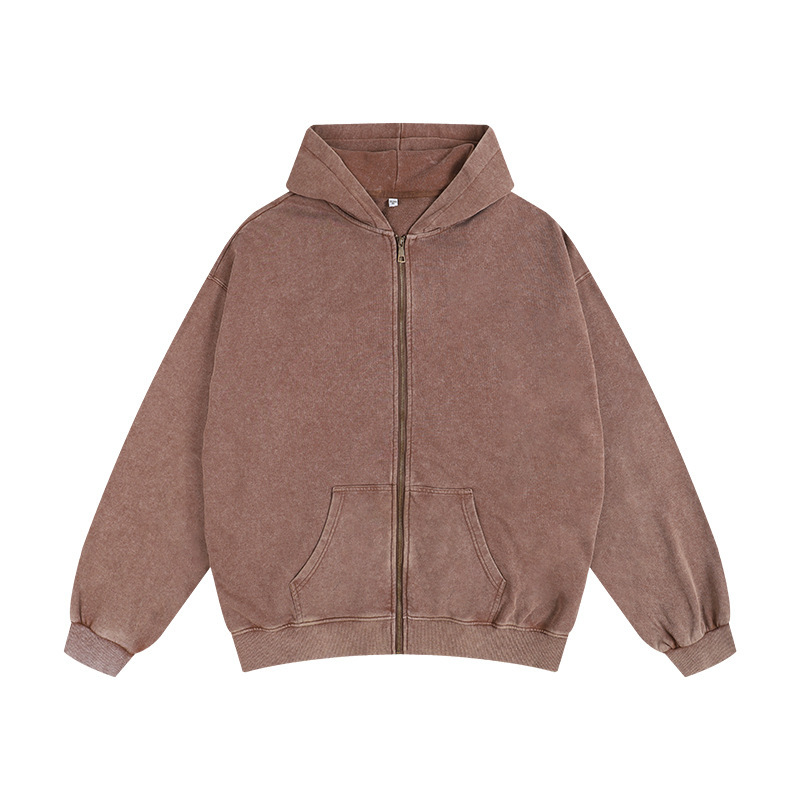 350G Vintage Washed Zip-Up Oversized Hoodie Loose Fit Drop Shoulder Wax Dyed Sweatshirt for Men