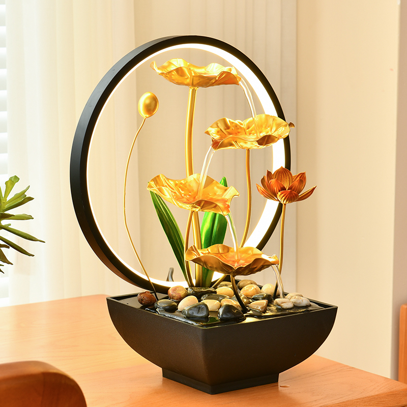 USB Chinese Style Metal Decorative Indoor Water Fountain Humidifier with LED Ring Light Natural Rocks for Office&home