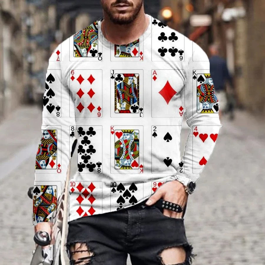 3D Printed Funny Poker Style Custom Men Long Sleeve Quick Drying Outdoor Clothes Tee Shirt Streetwear