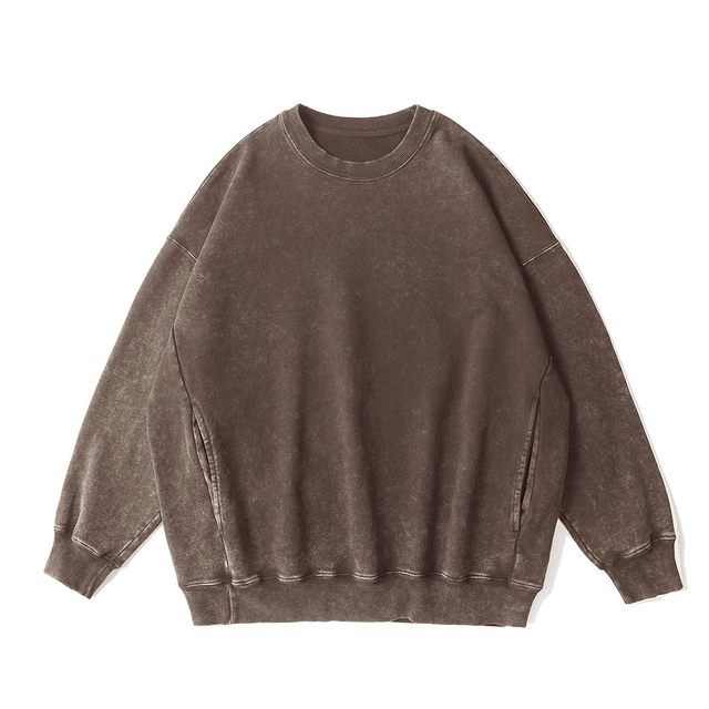 500g Cotton Washed Vintage Side-pocket Crewneck Drop Shoulder Retro Wax-dyed Oversized Sweatshirt