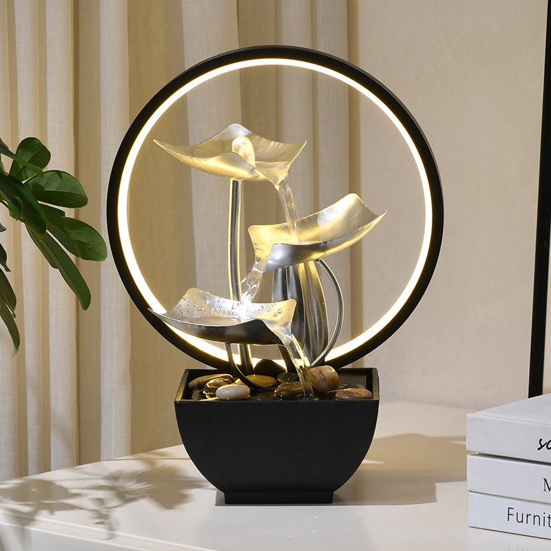 Zen Indoor Metal Fengshui Natural Tabletop Lotus Water Flow Fountain Ornaments for Office Home&bedroom