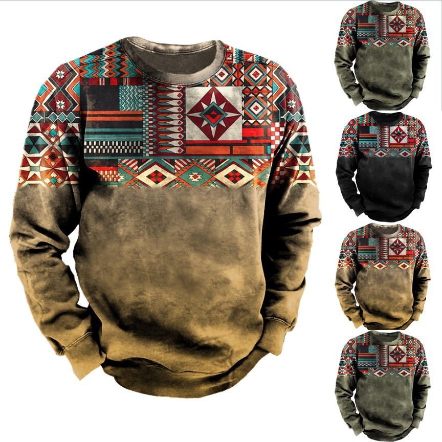 Long Sleeve Street Wear Oversize Aztec Traditional Pattern T-shirt