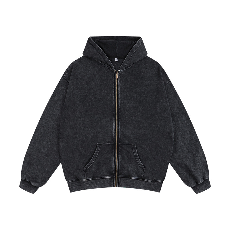350G Vintage Washed Zip-Up Oversized Hoodie Loose Fit Drop Shoulder Wax Dyed Sweatshirt for Men