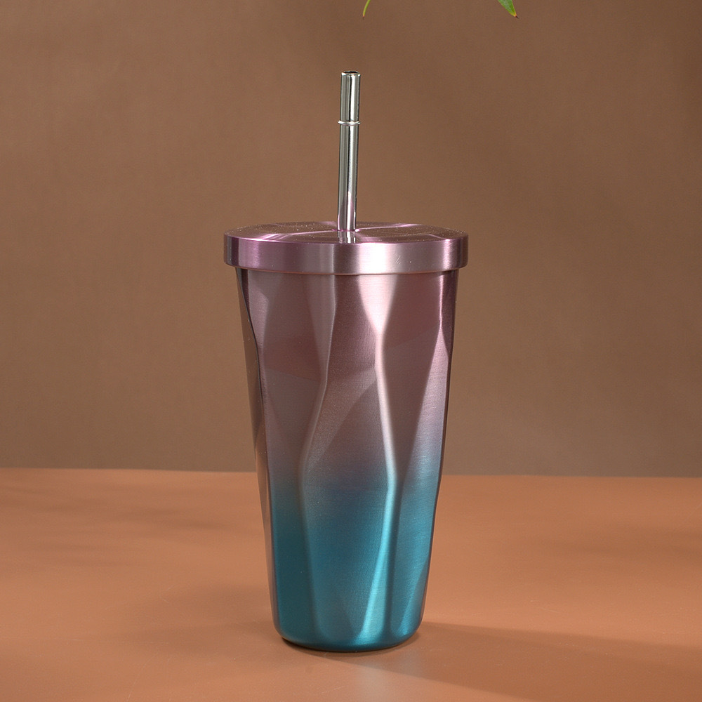 Cross-border Double-layer Irregular Diamond Stainless Steel Seamless Inner Vacuum Insulated Tumbler with Straw