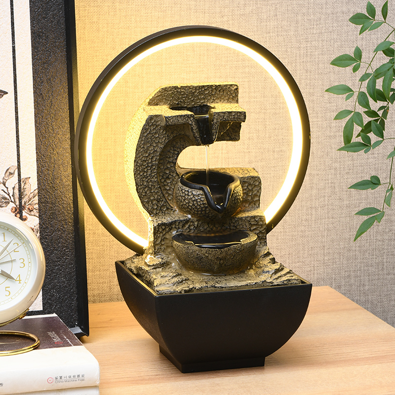 Zen Indoor LED Ring Light Resin Natural Tabletop Water Fountain for Office Home&bedroom