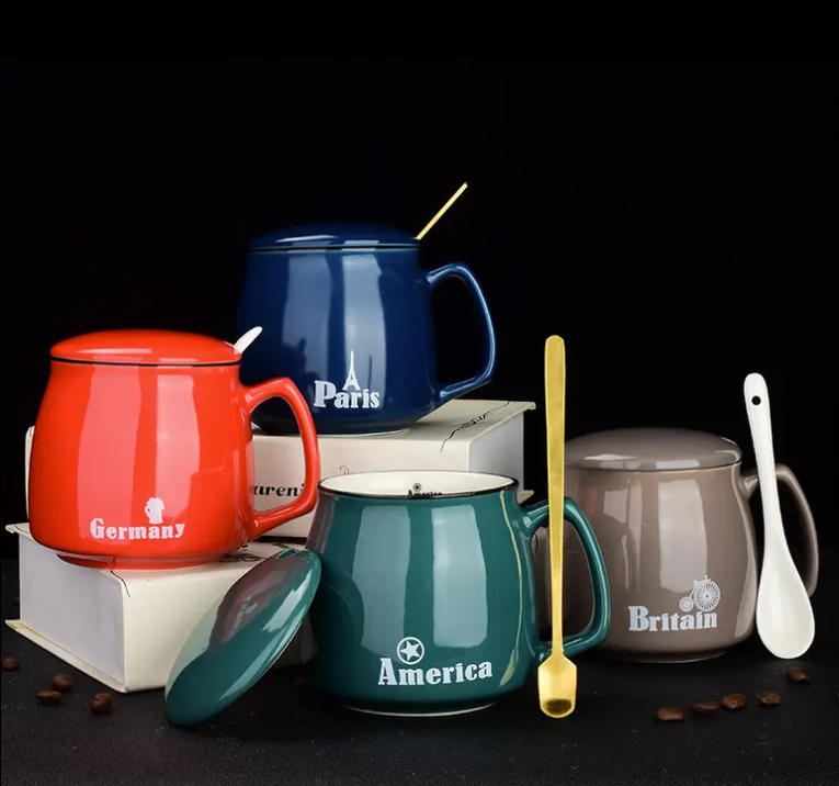 Whosale Breakfast Promotional Gift Custom Ceramic Cup Set with Lid&spoon
