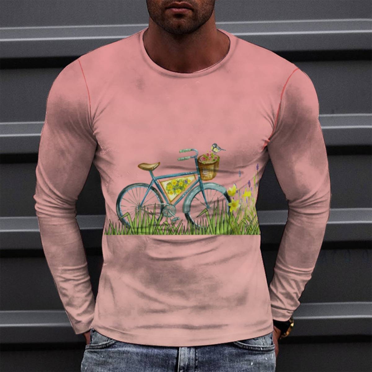 Full Print Tshirt for Men Casual Artistic Long Sleeve Crew Neck Tee Shirts Clothes