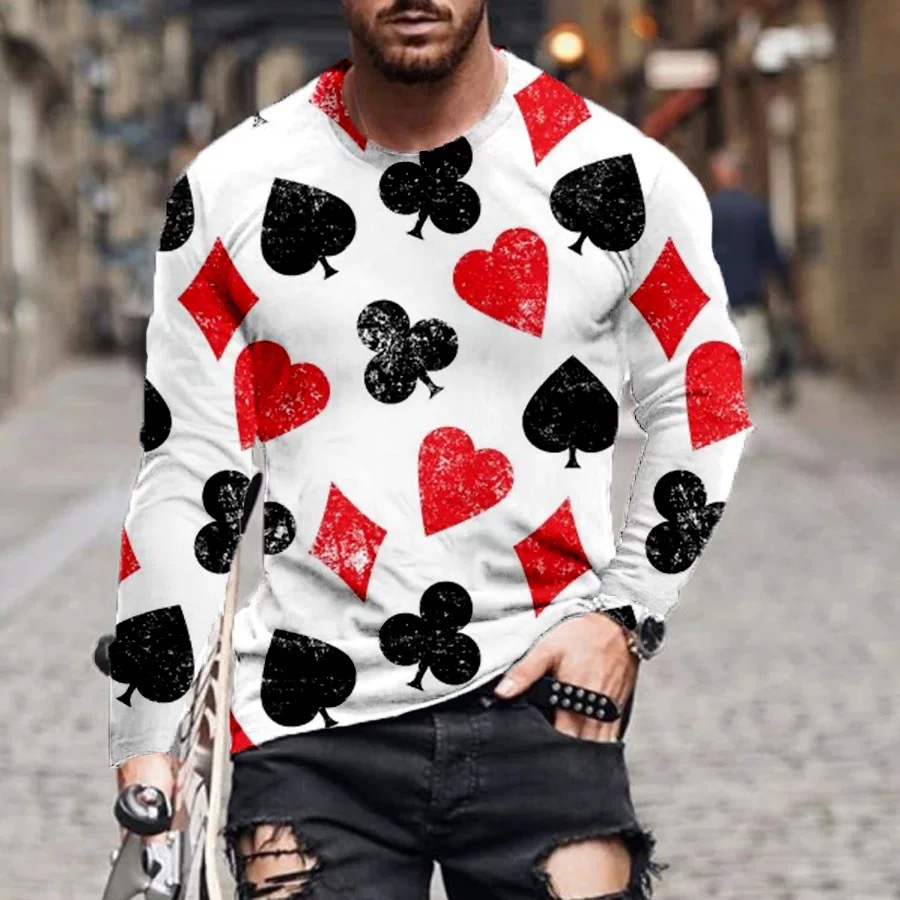 3D Printed Funny Poker Style Custom Men Long Sleeve Quick Drying Outdoor Clothes Tee Shirt Streetwear